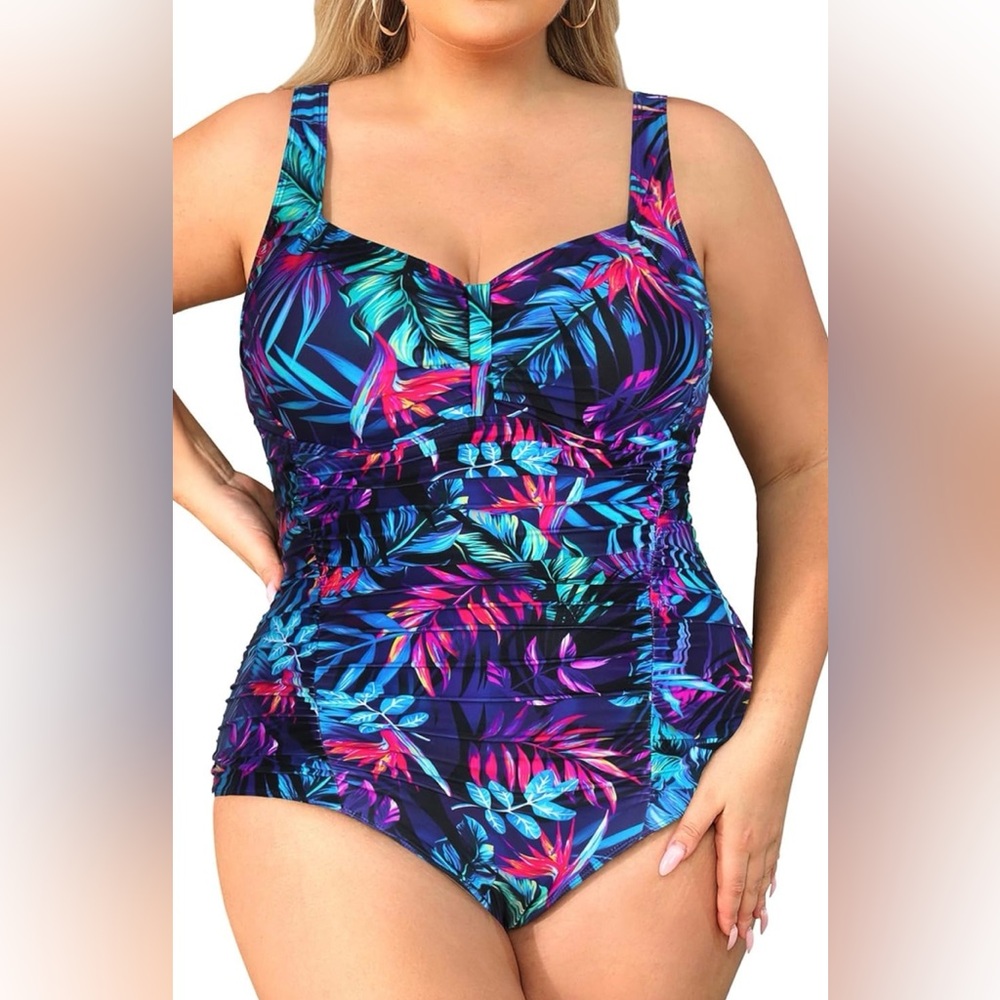 NWT Daci Blue & Purple Plus Size 1-Pc Tummy Control Ruched Swimsuit Womens 12W L